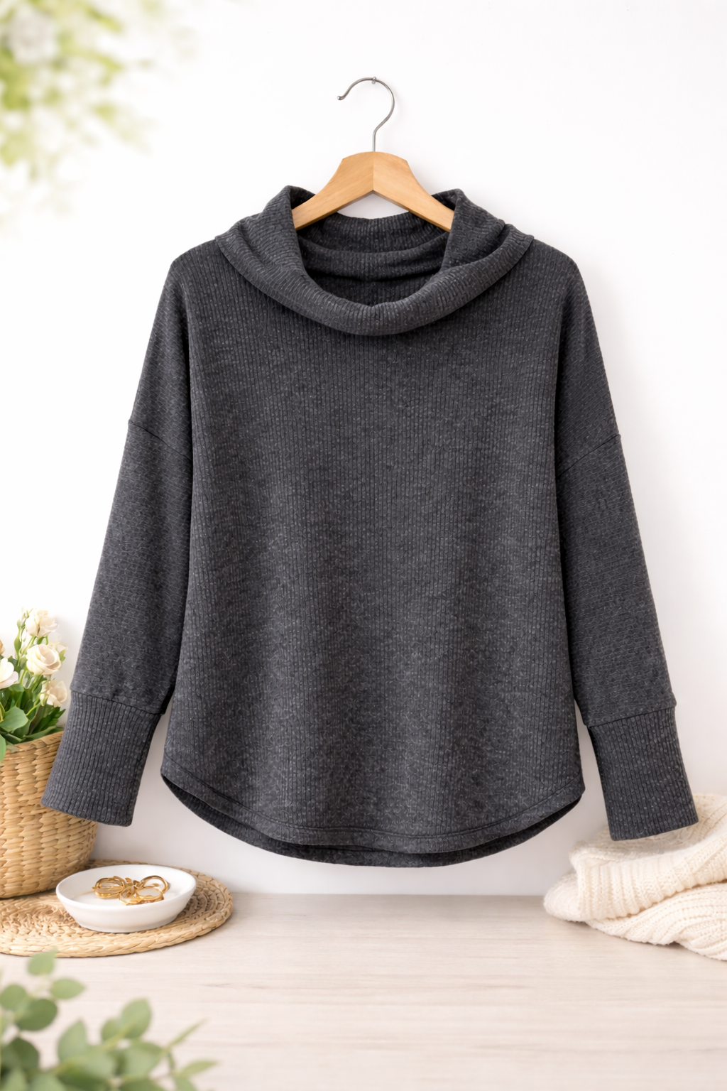 Charcoal Ribbed Cowl Neck Sweater