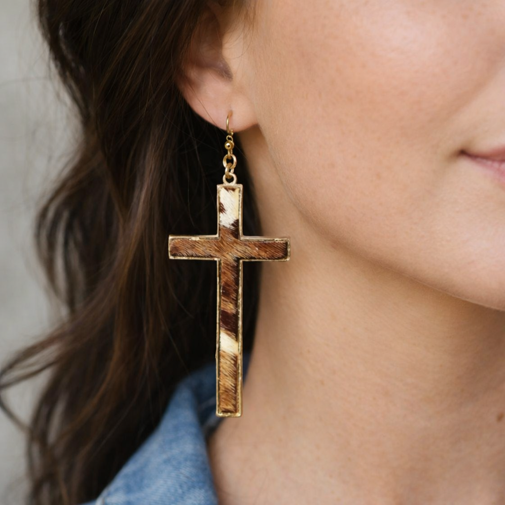 Cowhide Cross Dangle – Gold Earrings
