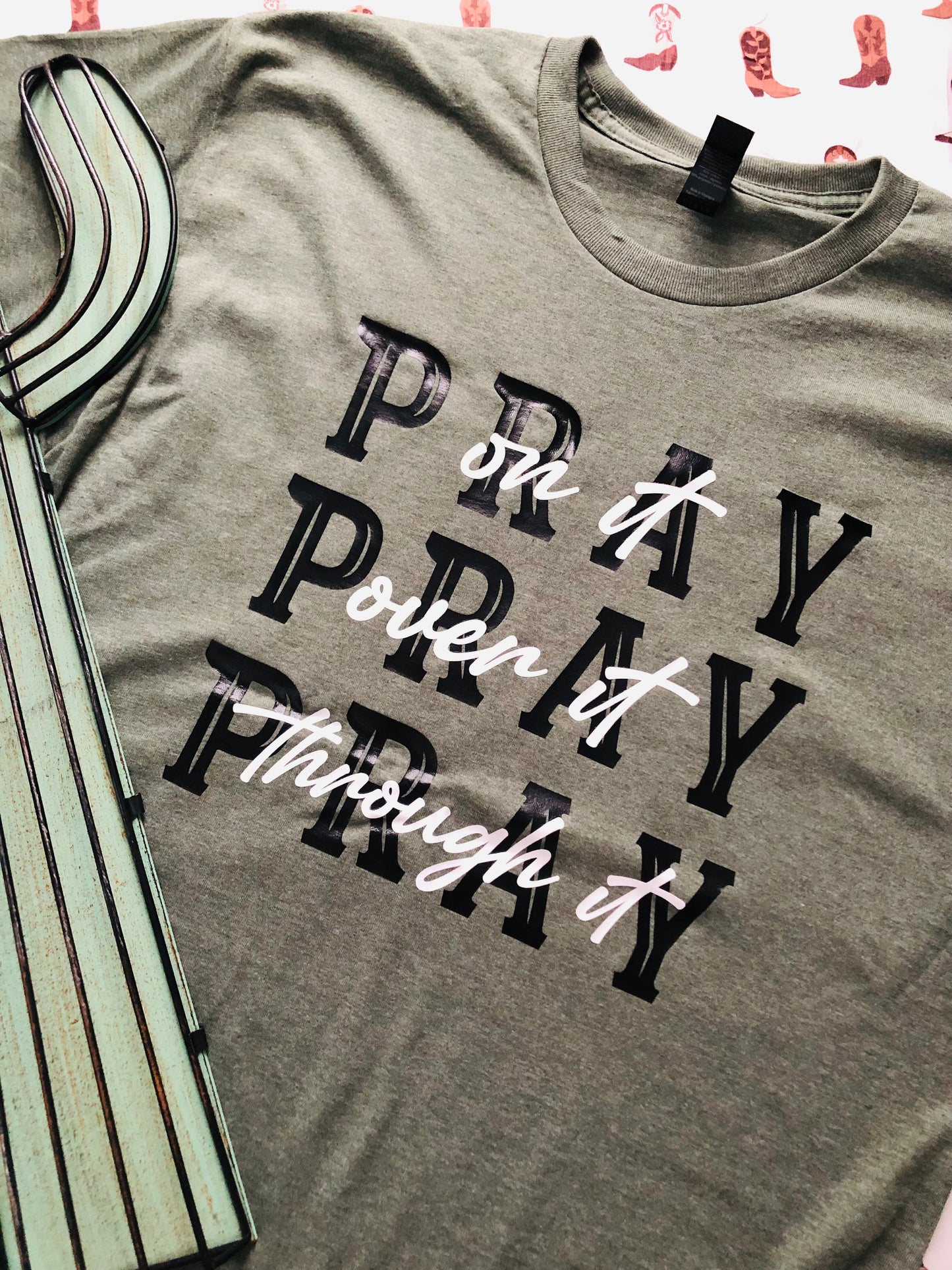 Pray On It Tee – Green with Black & White Lettering