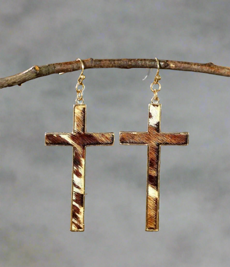 Cowhide Cross Dangle Earrings