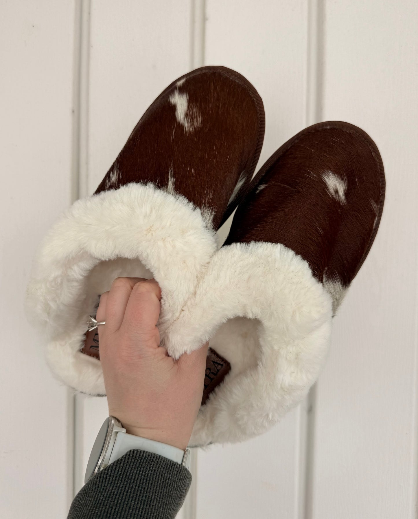 Brown & White Hair-On Hide Lined Slippers