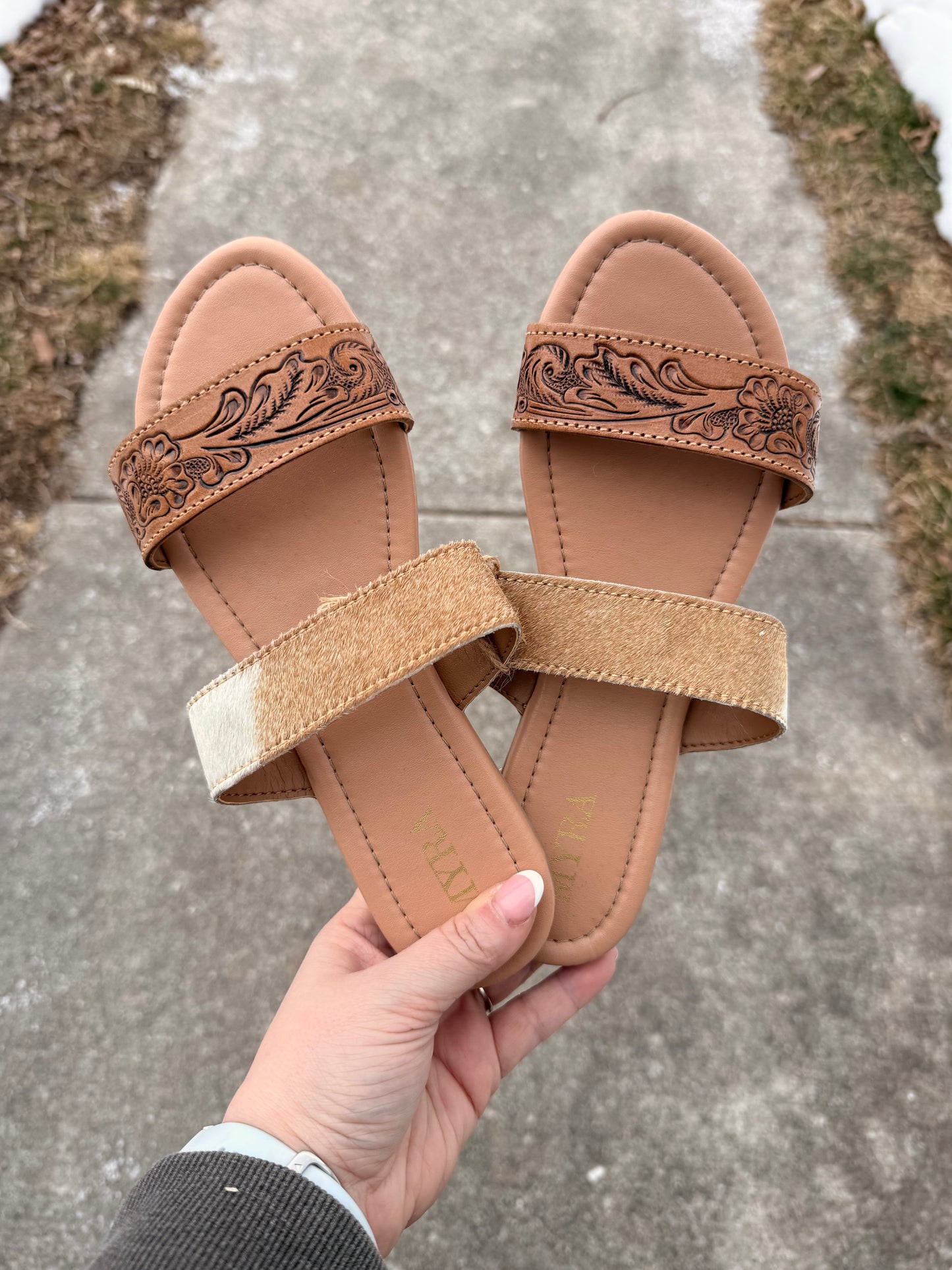 Tooled Leather & Hair-On Dual Strap Sandals