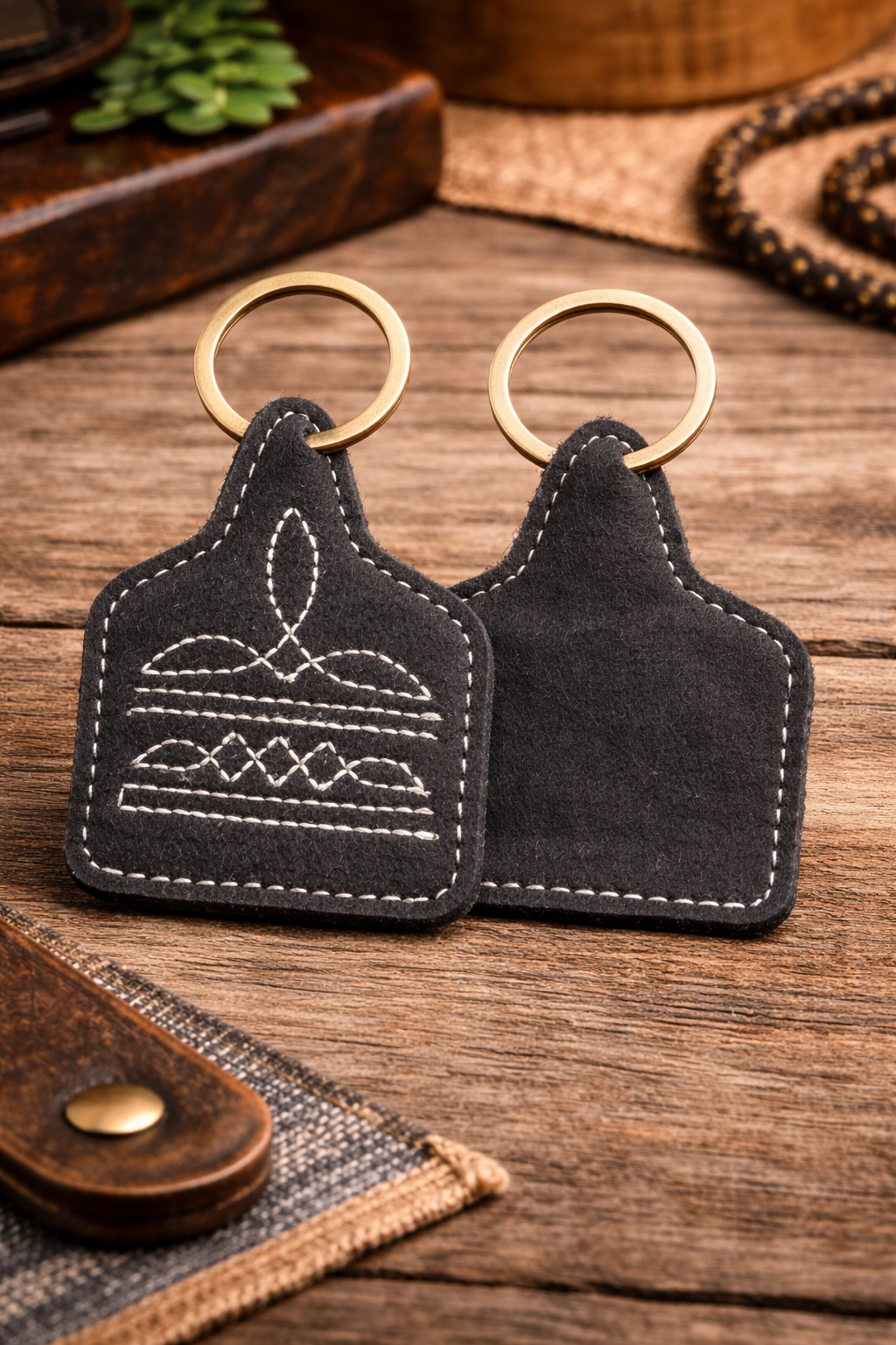 Coal Black Saddle Stitch Leather Keychain