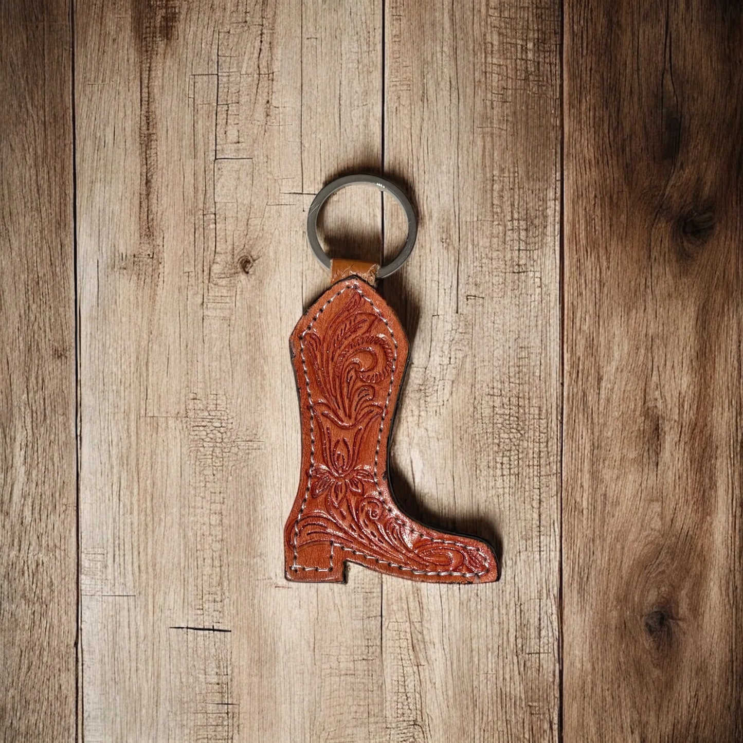 Tooled Leather Cowboy Boot Keychain