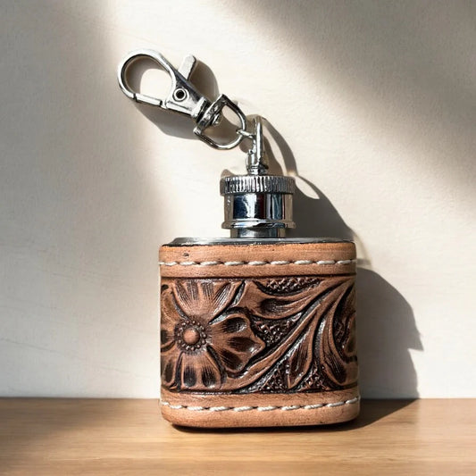 Tooled Leather Mini Flask Keychain – 1oz