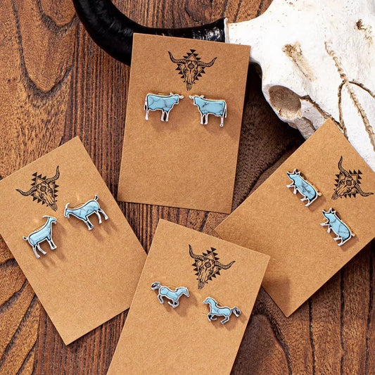 Turquoise Western Animal Stud Earrings – Cow, Pig, Goat & Horse