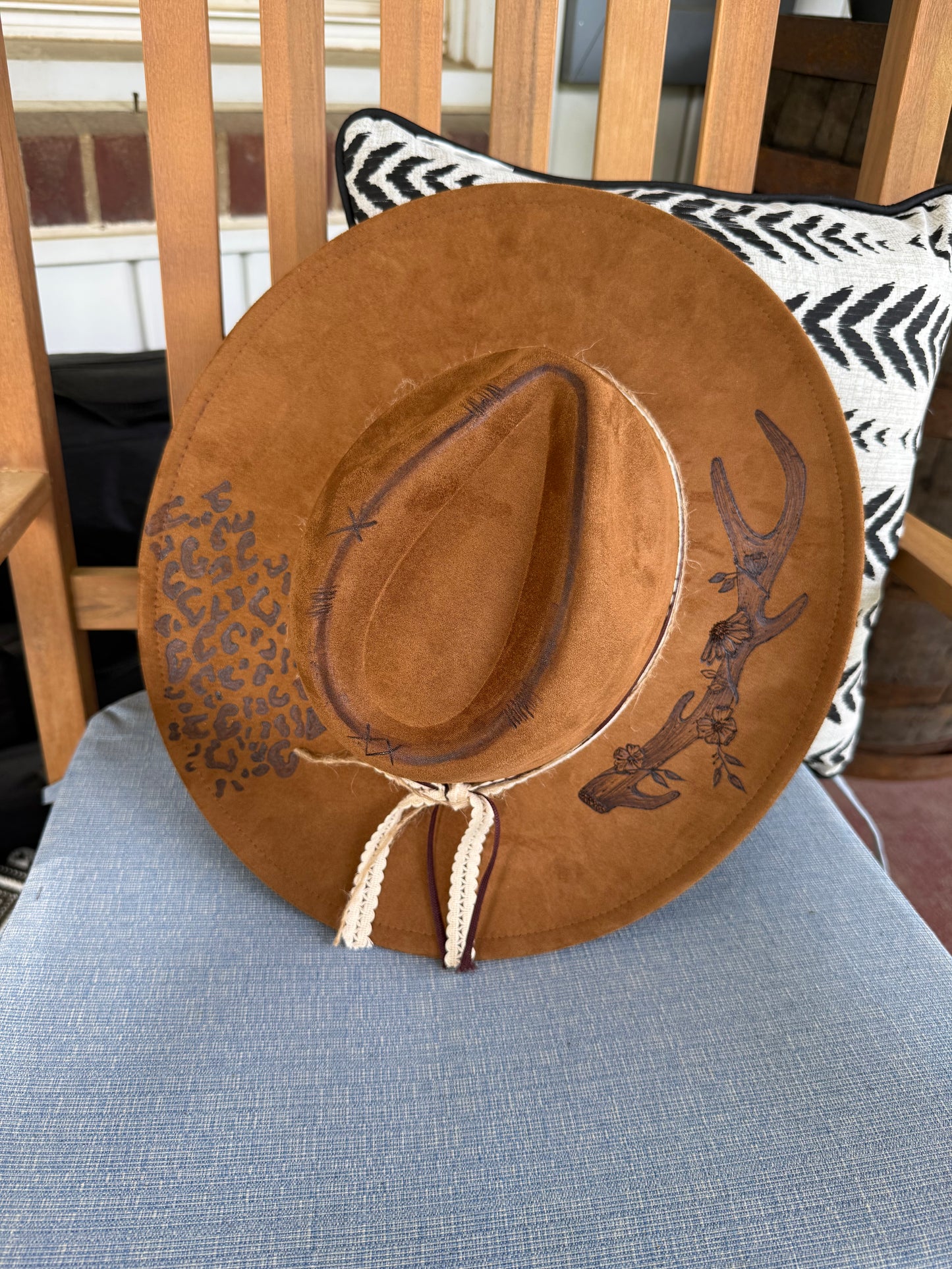Hand Burned Antler Cheetah Flat Brim Hat