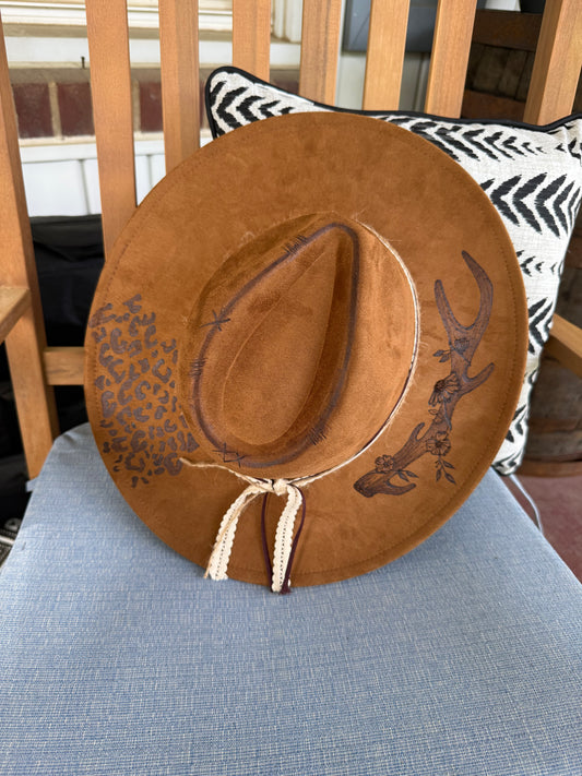 Hand Burned Antler Cheetah Flat Brim Hat