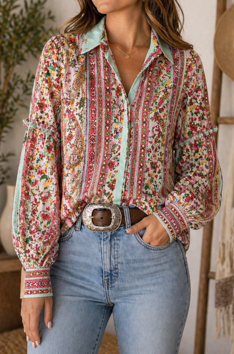 Boho Paisley Ruffle Long Sleeve Blouse