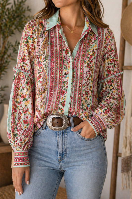 Boho Paisley Ruffle Long Sleeve Blouse
