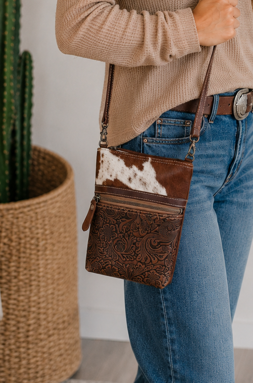 Tooled & Tangled Cowhide Crossbody Bag