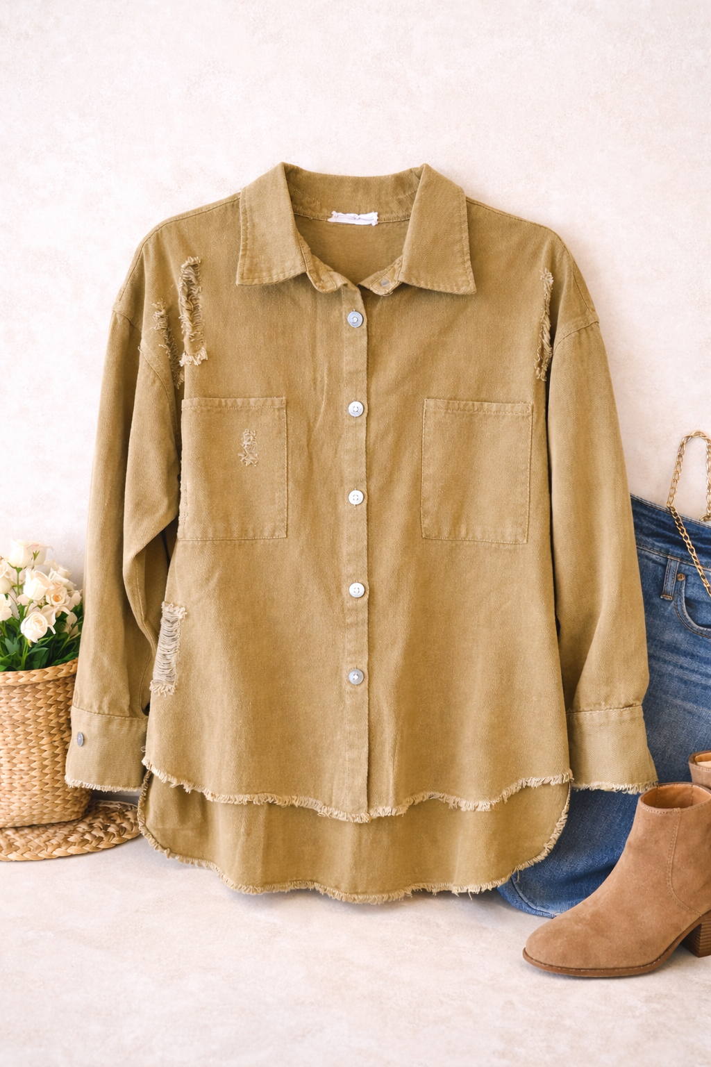 Khaki Distressed Button-Up Jacket