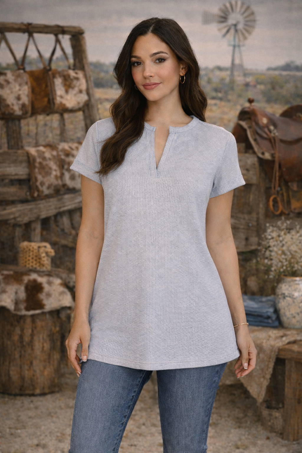 Grey Ribbed Relaxed-Fit V Neck Tee