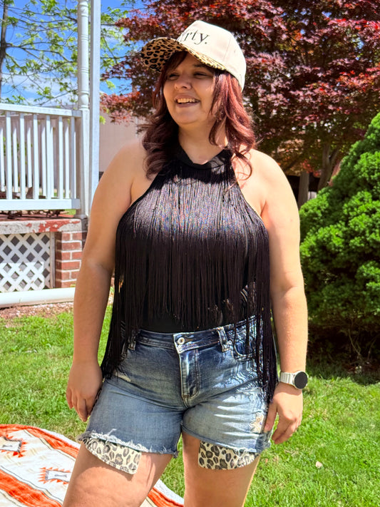 Black Fringe Halter One-Piece – Western Statement Piece