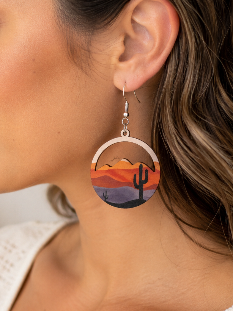 Painted Desert Wooden Cactus Earrings