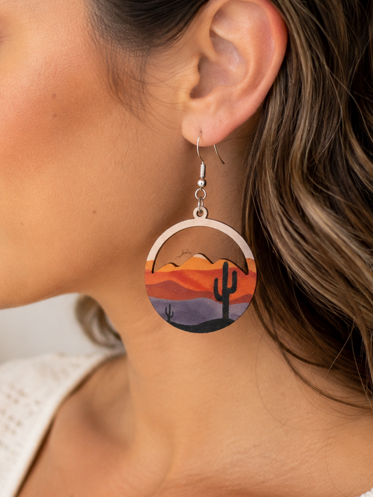Painted Desert Wooden Cactus Earrings
