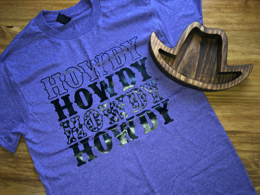 Stacked Howdy Tee – Purple with Black Lettering