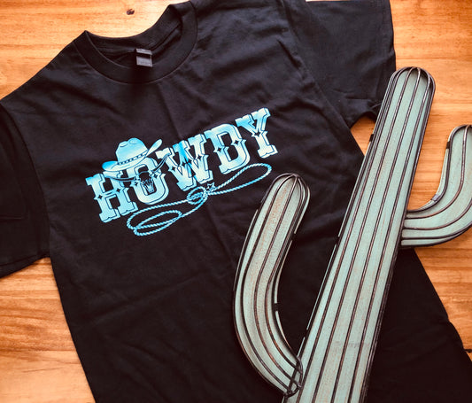 Howdy Tee – Black with Bold Blue Western Print