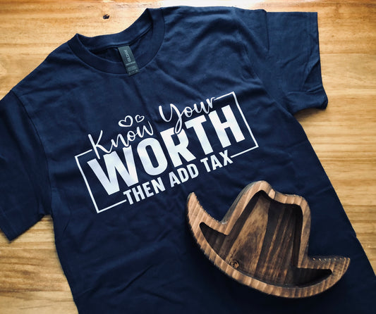 Know Your Worth Tee – Navy Blue with Grey Lettering