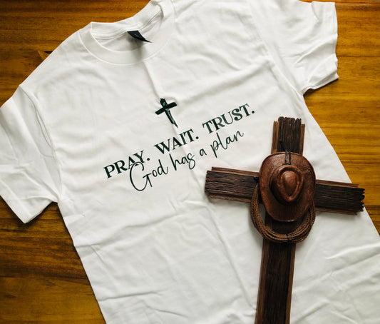 Pray. Wait. Trust. Tee – White with Forest Green Print
