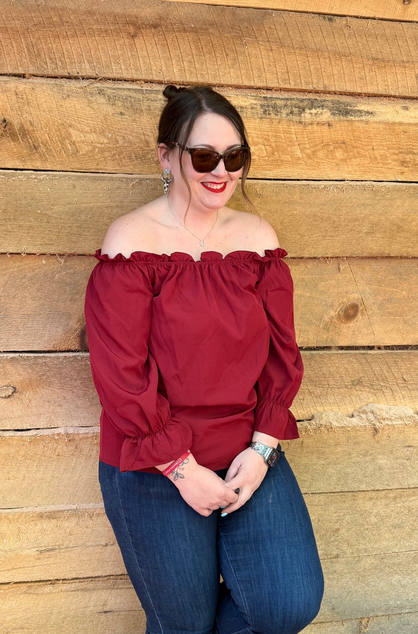 Off Shoulder Ruffle Blouse – Flowy Long Sleeve Top (Stretch Fabric)
