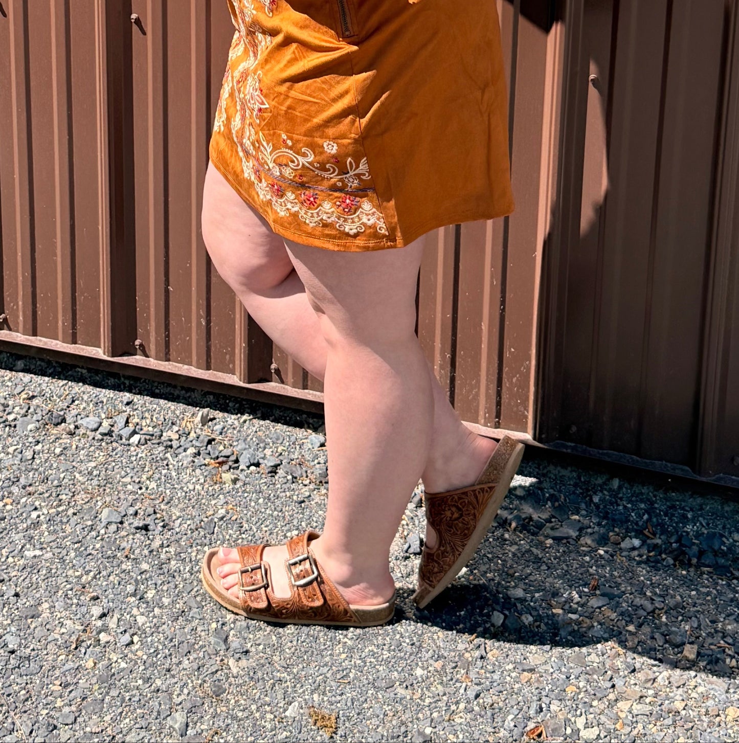 Tooled Leather Buckle Sandals – Western Cork Footbed Slides