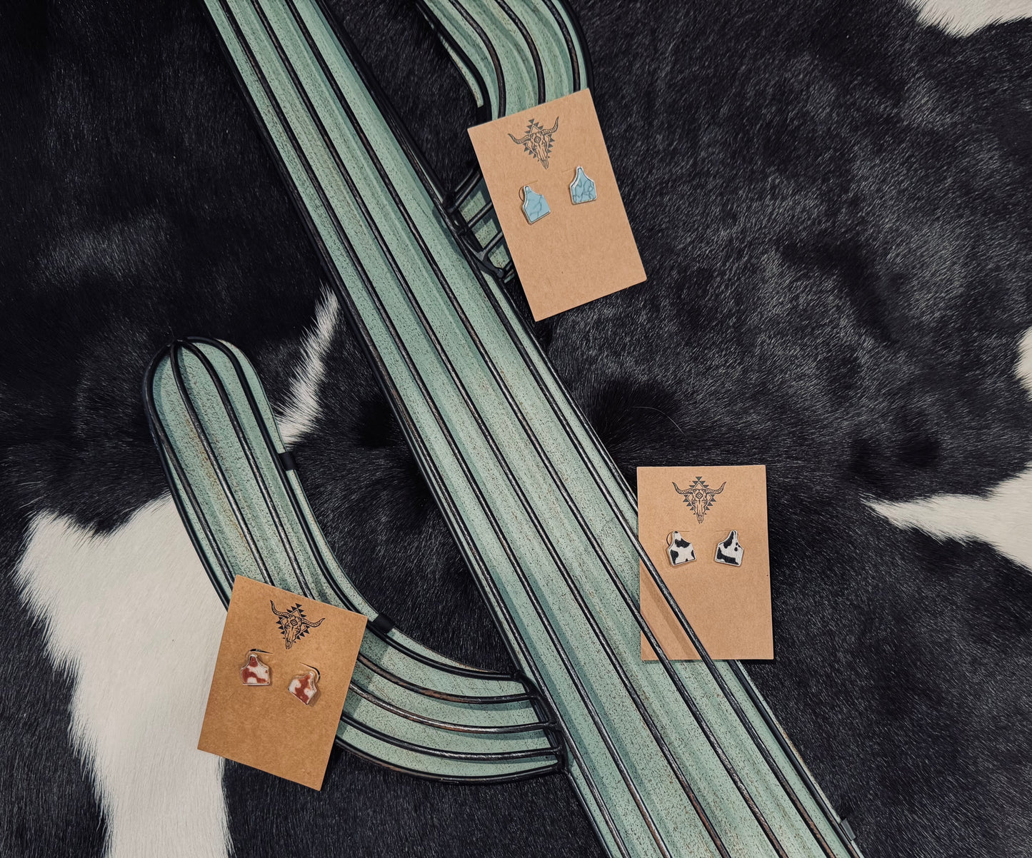 Cowhide Cow Tag Stud Earrings