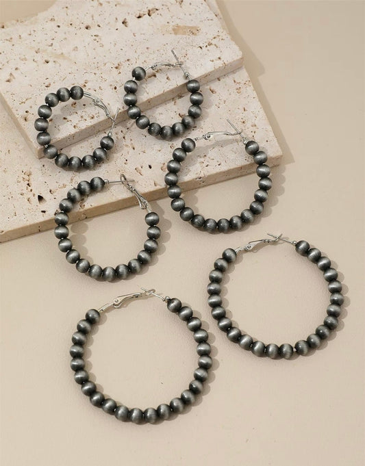 Black Vintage Beaded Hoop Earrings – 3 Sizes Available