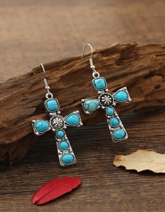 Turquoise Stone Cross Earrings