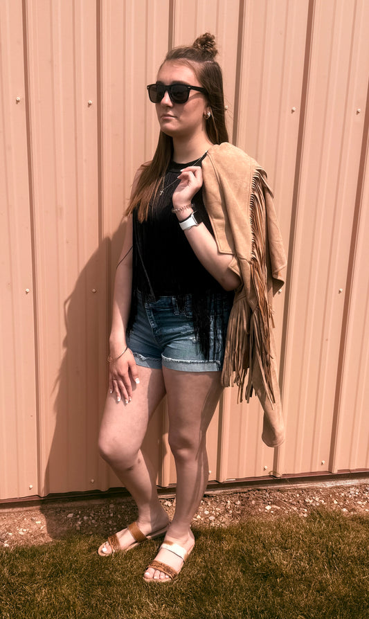 Black Fringe Halter One-Piece – Western Statement Piece