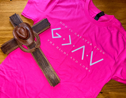 God Is Greater Than the Highs & Lows Tee – Pink with Grey Lettering
