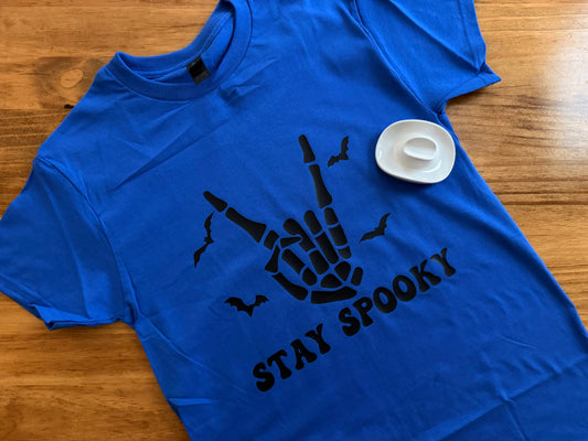 Stay Spooky Tee – Bright Blue with Black Design