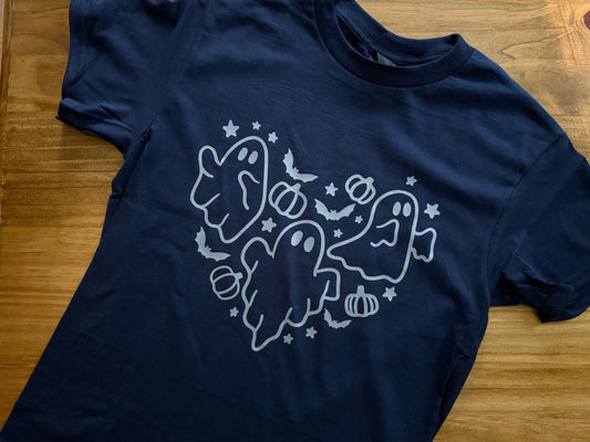 Heart-Shaped Ghost Tee – Navy Blue with Grey/Silver Design