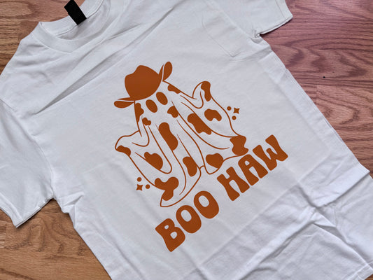 Boo Haw Ghost Tee – White with Orange Design
