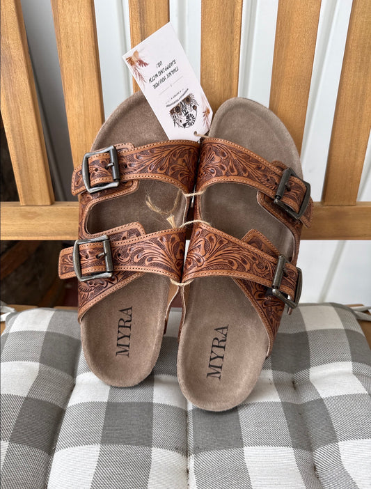 Brown Tooled Leather Feather Double-Buckle Sandals