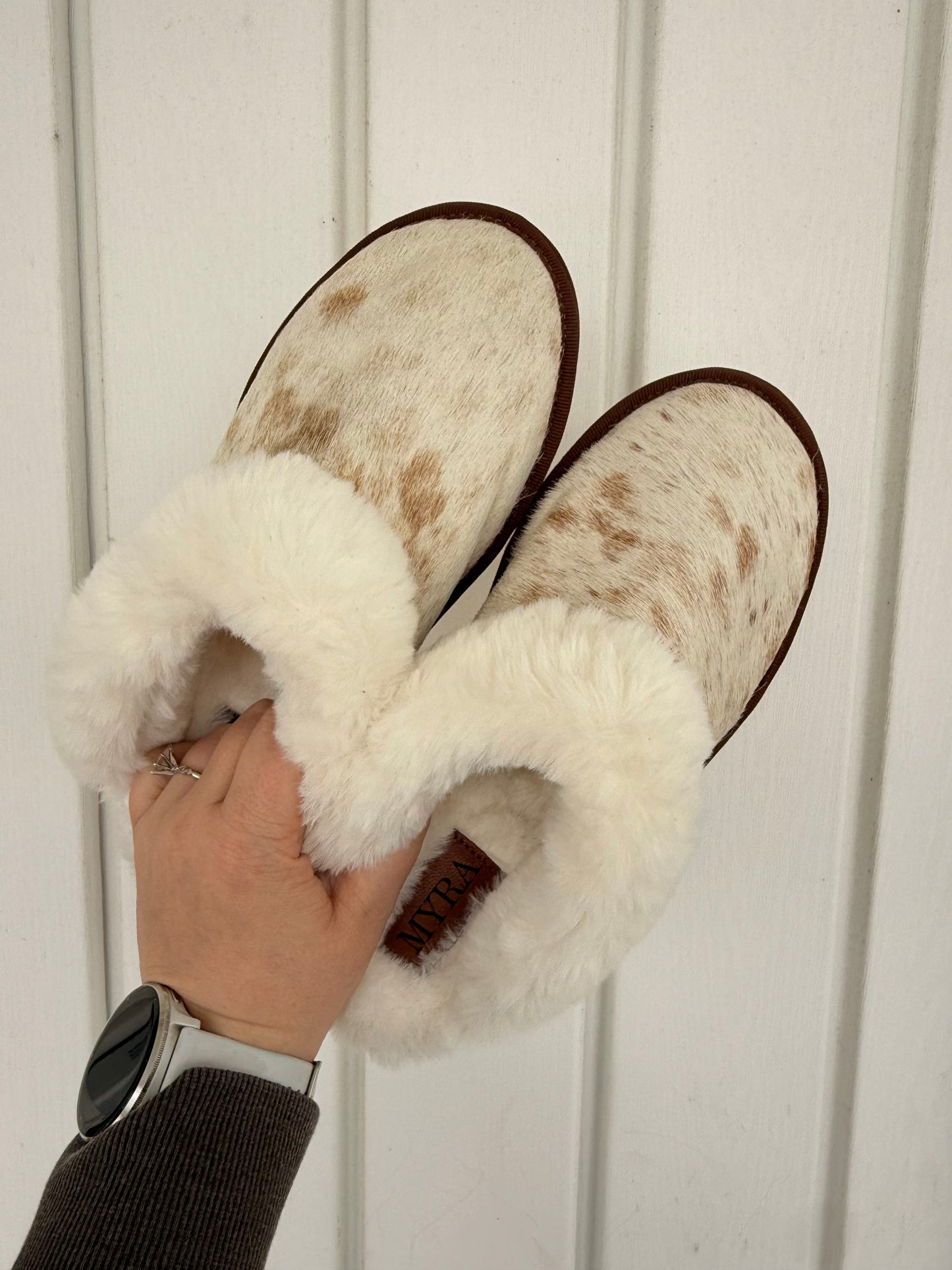 Brown & White Hair-On Hide Lined Slippers