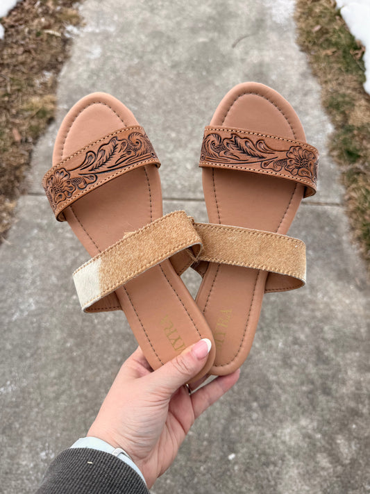 Tooled Leather & Hair-On Dual Strap Sandals