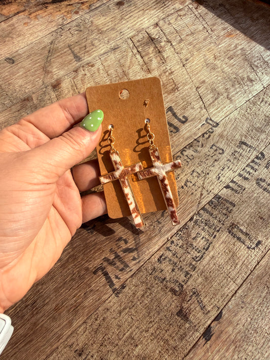 Cowhide Cross Dangle – Gold Earrings