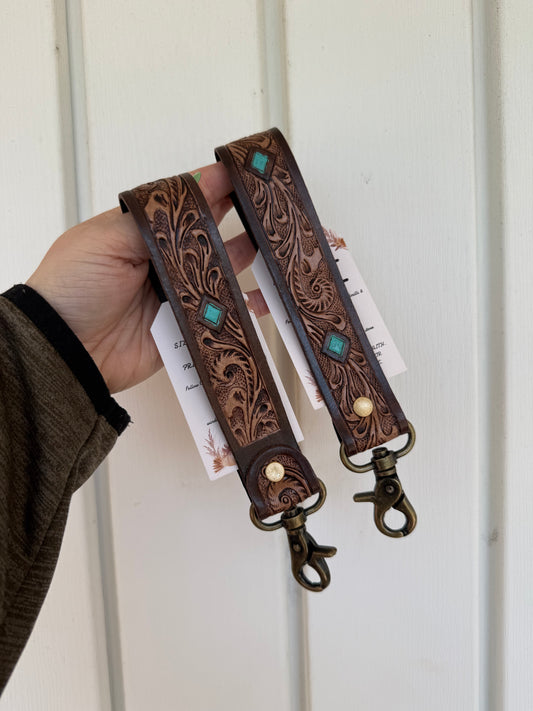 Turqouise Stone Hand-Tooled Leather Key Fob