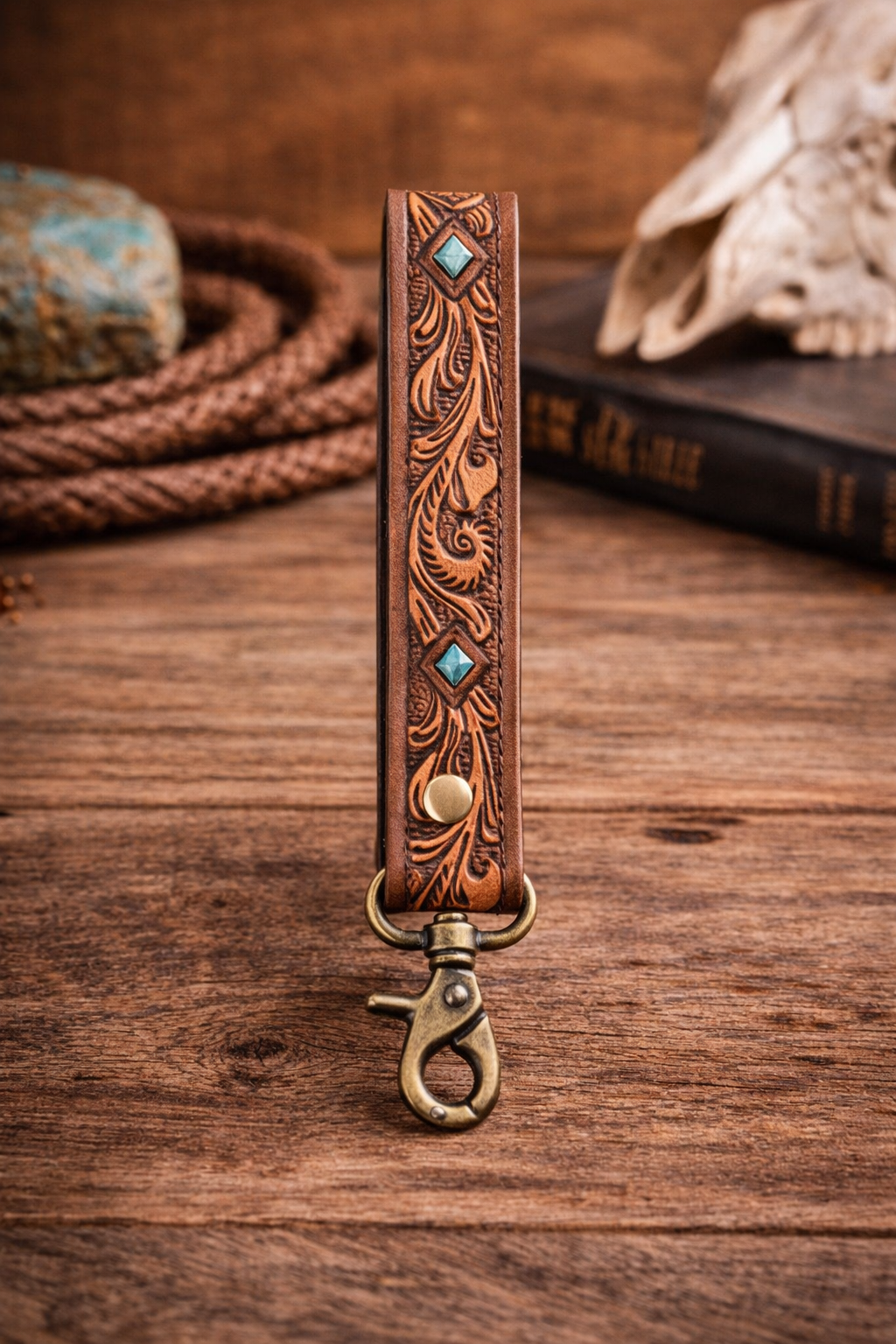Turqouise Stone Hand-Tooled Leather Key Fob