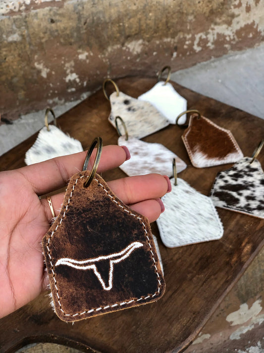Rustic Cowhide Longhorn Keychain