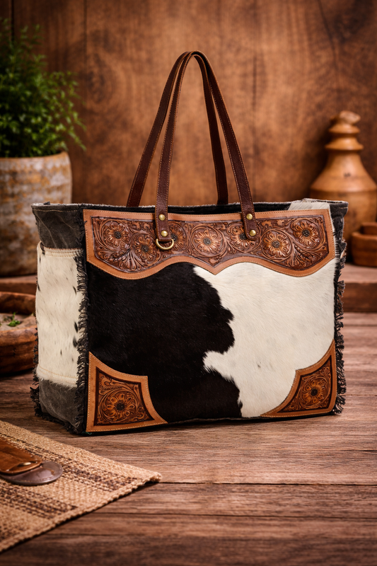 Hand-Tooled Cowhide Canvas Tote Bag