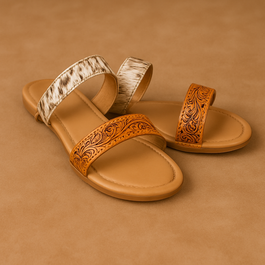 Tooled Leather & Hair-On Dual Strap Sandals