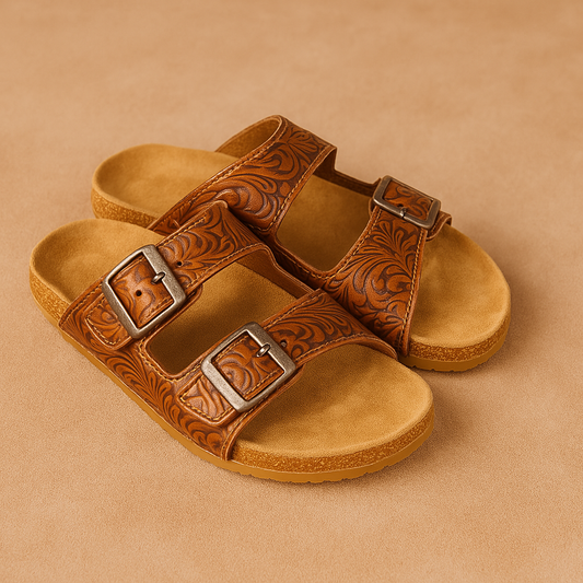 Brown Tooled Leather Feather Double-Buckle Sandals
