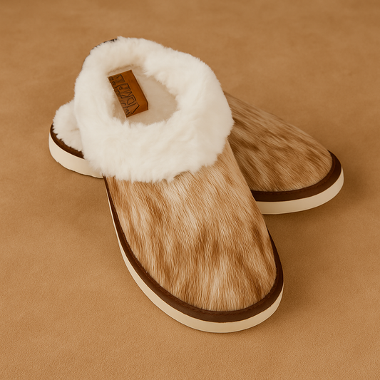 Brown & White Hair-On Hide Lined Slippers